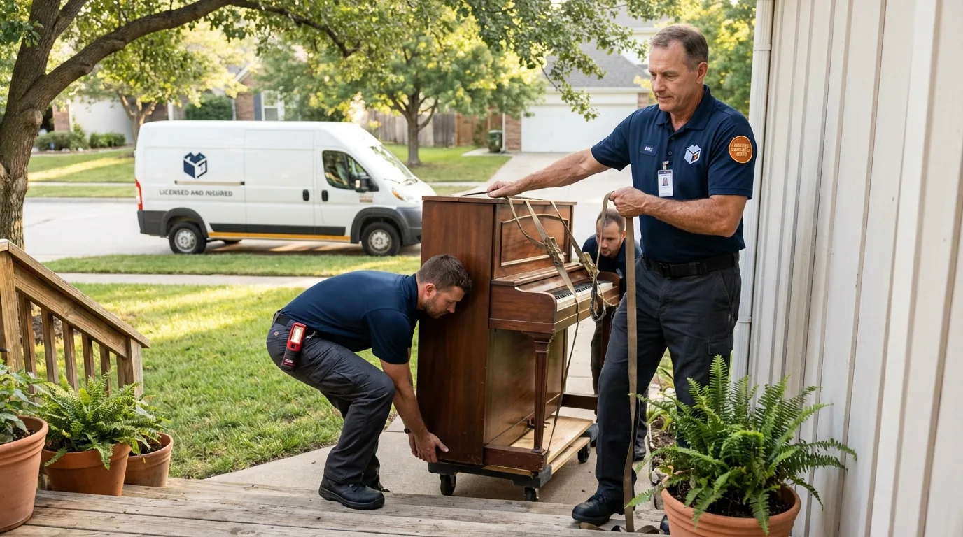 Licensed piano movers securing grand piano in Meadow Vista, CA