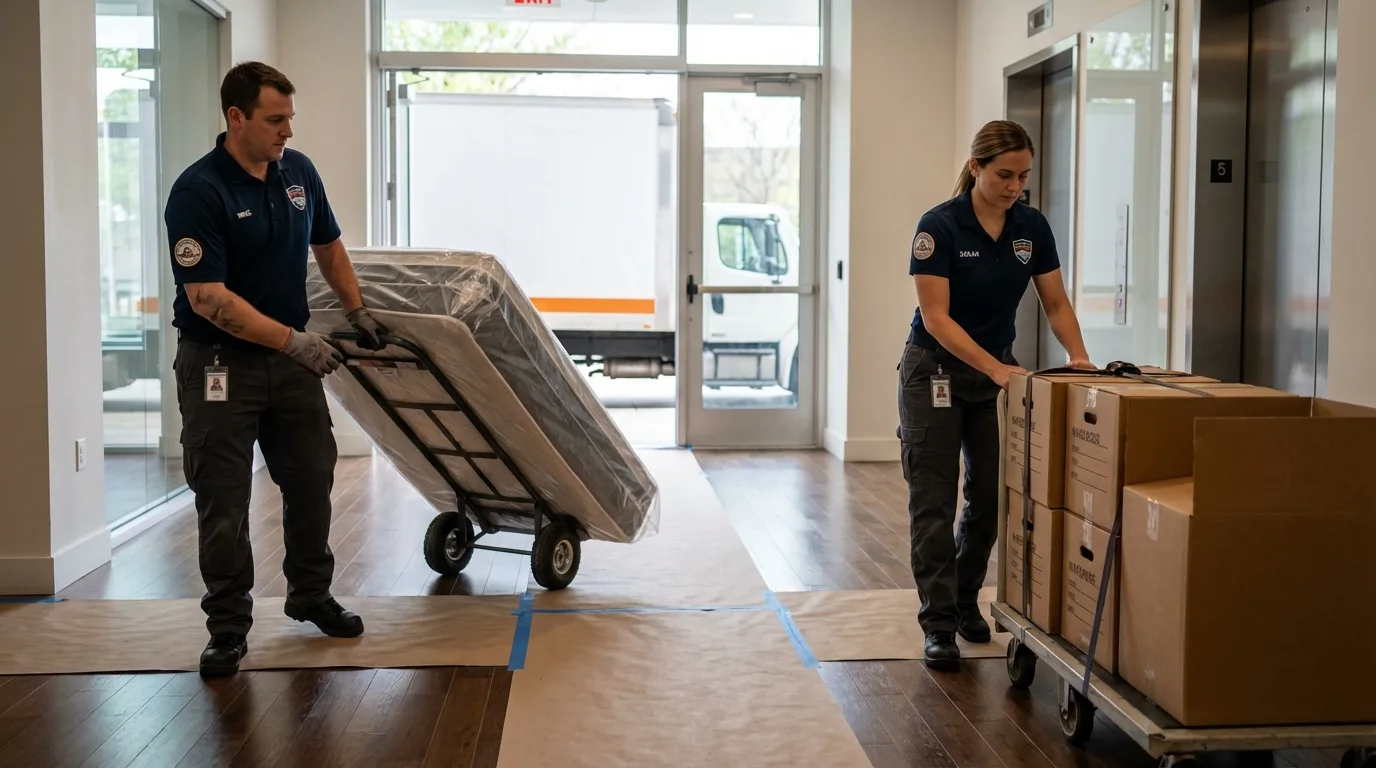 Professional apartment movers loading elevator in Meadow Vista, CA